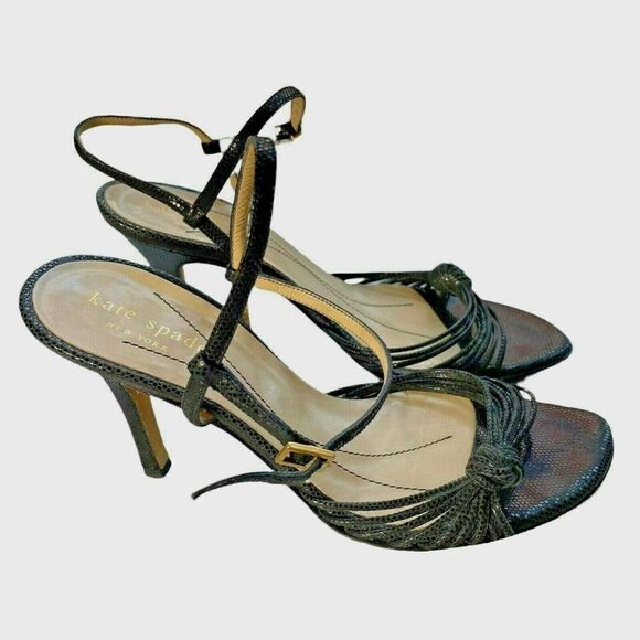 Kate Spade Black Snakeskin Patent Leather Sandal Heel Pump 5.5 M Strappy Italy - Picture 1 of 9